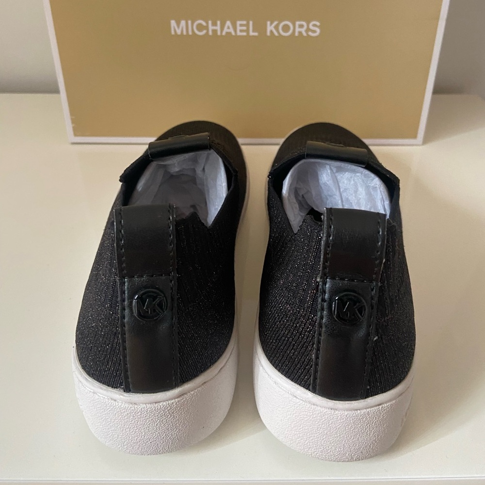 NIB Michael Kors Juno Knit Slip On Sneaker Women's Size 7.5 Stretch Black/Bronze - Picture 3 of 5